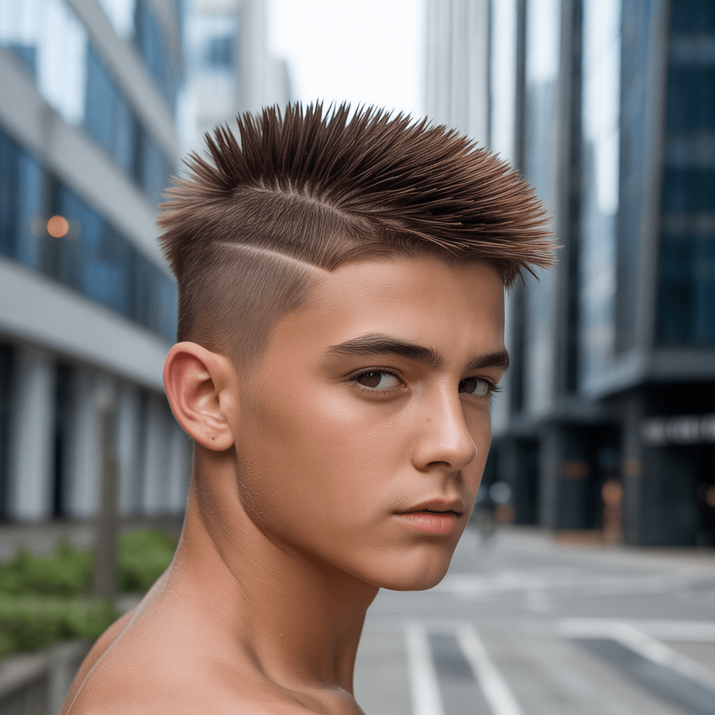 Foto ultra-realista 8K de un adolescente con un peinado fohawk texturizado. El estilo presenta puntas levantadas con un acabado mate natural, en un fondo urbano moderno. corte fohawk