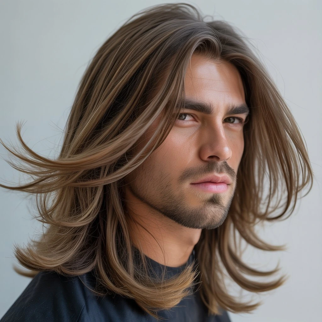 Hombre con cabello largo y en capas en un retrato realista con luz suave y estilo editorial moderno.