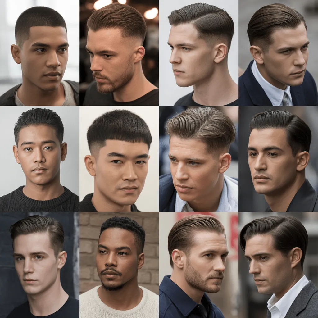 Hombre con corte pompadour, mostrando volumen y detalles nítidos en su peinado liso. cortes de pelo para hombres con cabello liso