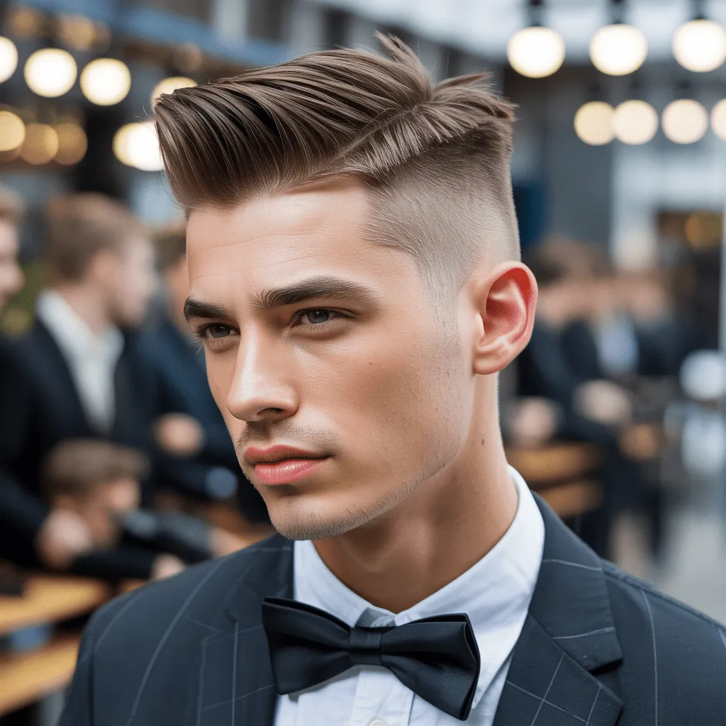 Hombre con corte de pelo militar moderno, destacando un estilo limpio y elegante. cortes de pelo para hombres con cabello liso