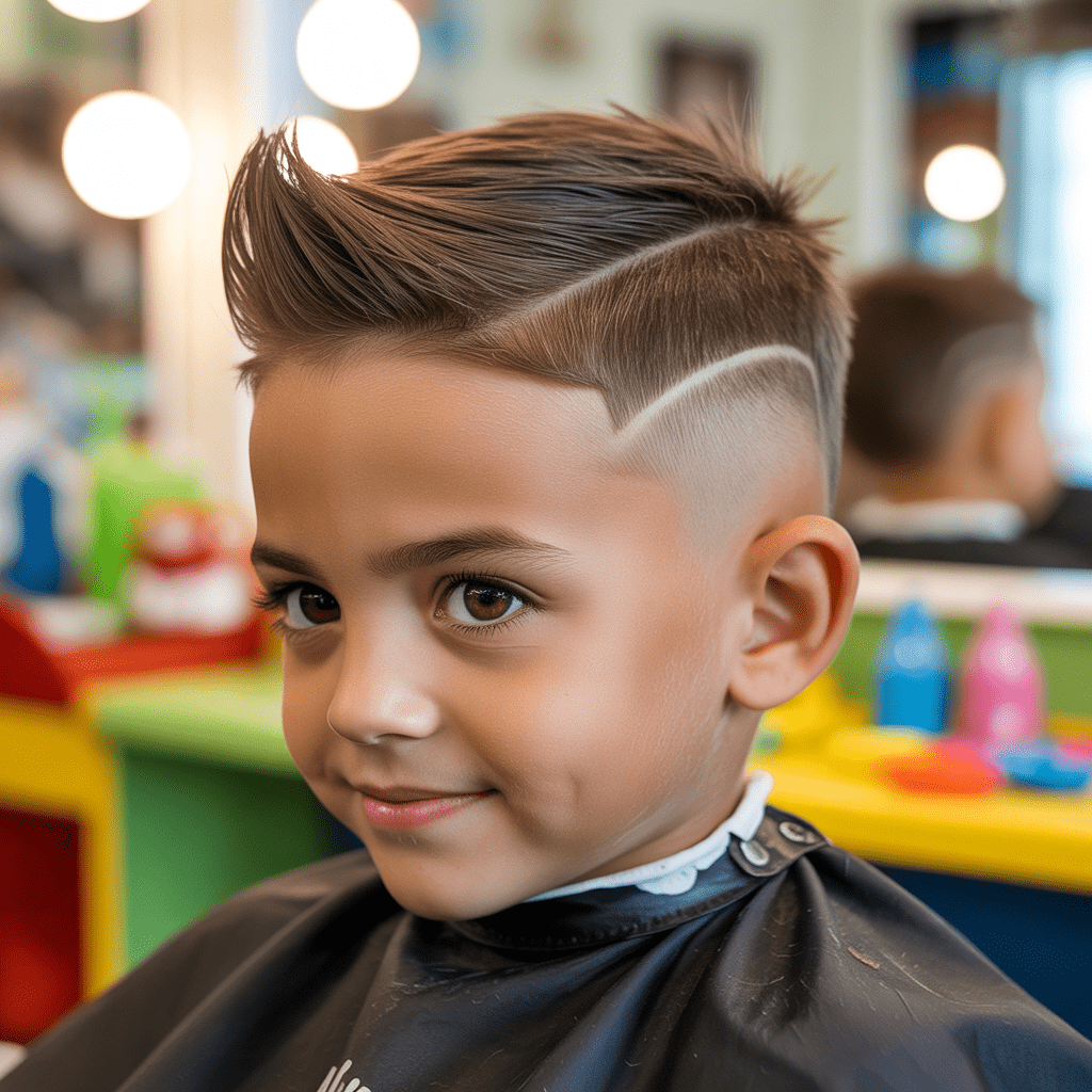 Foto generada por IA (Ideogram) de alta definición de un niño con un corte de pelo fohawk fade. La imagen captura una expresión natural y utiliza una iluminación suave, eliminando sombras duras.