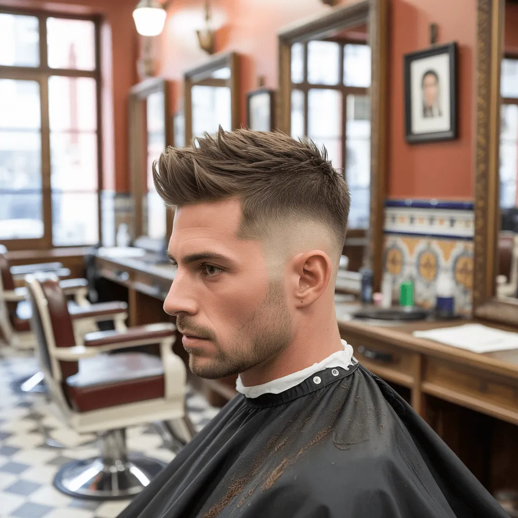 Impresionante foto generada por IA (Ideogram AI) que muestra a un hombre moderno con un elegante corte de pelo fohawk fade. El renderizado 8K captura la textura detallada del cabello y la piel con un ambiente de barbería española de fondo.