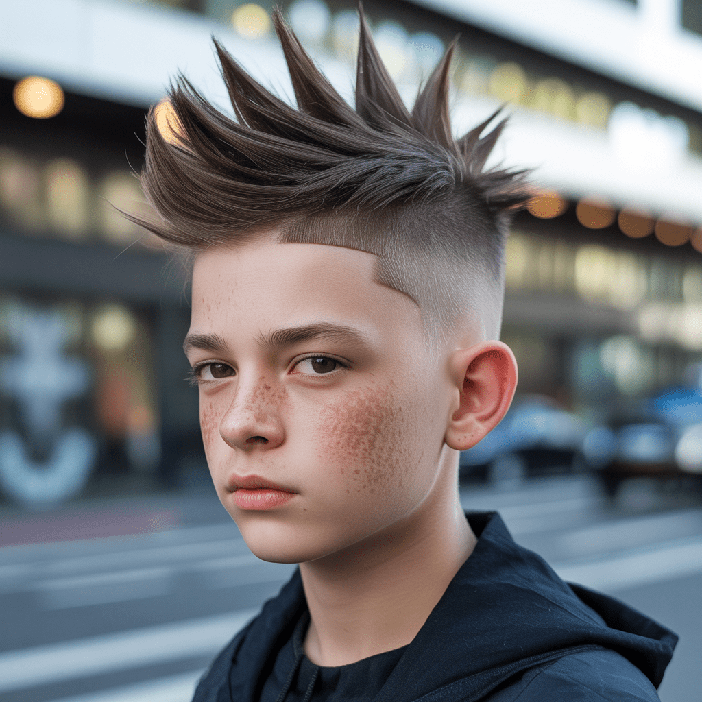 Fotografía ideogram-ai de alta definición que muestra un corte de pelo fohawk de adolescente con puntas levantadas y textura definida. El fondo es un paisaje urbano moderno con colores naturales.