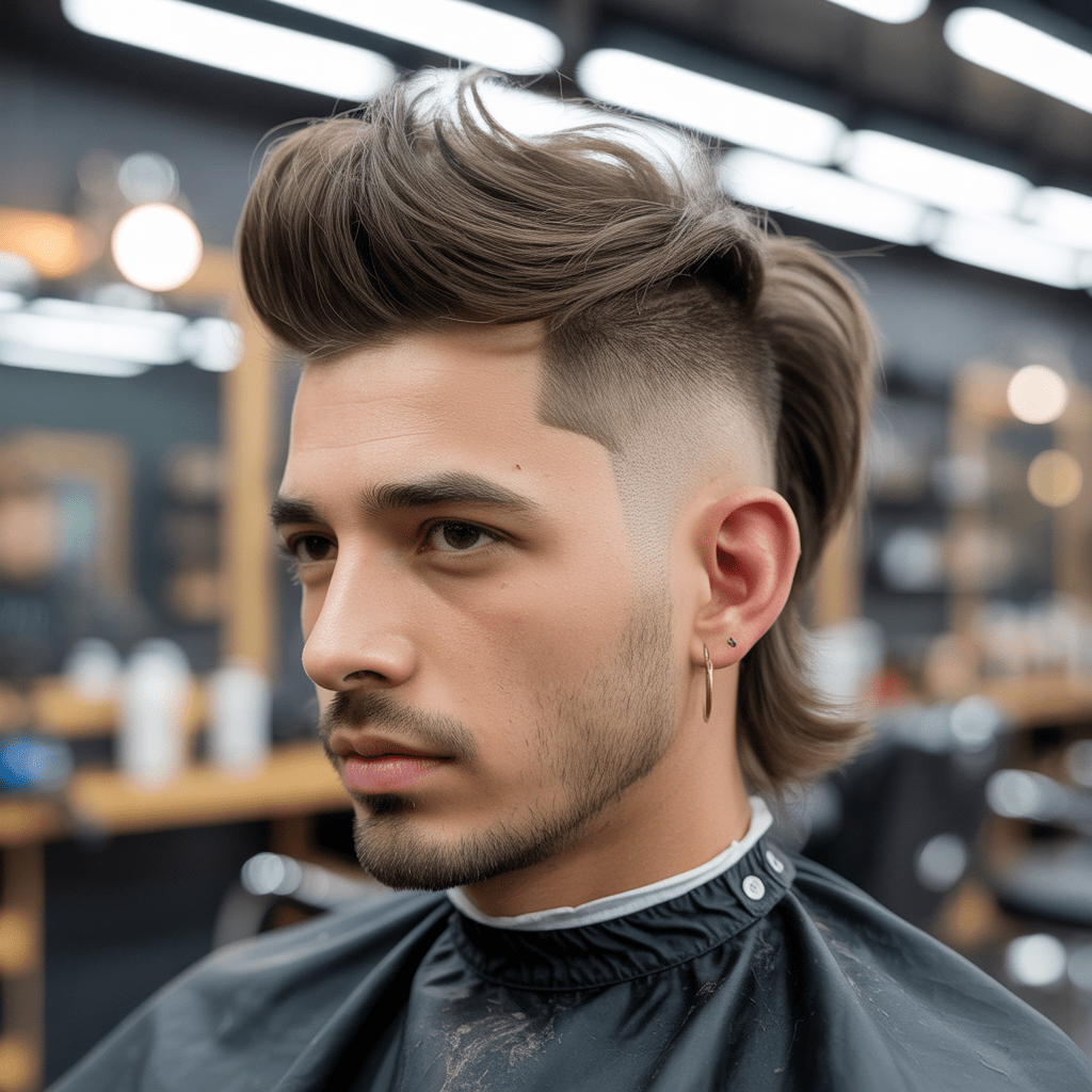 Fotografía ideogram-ai de alta definición de un joven con el popular estilo fohawk mullet. La imagen muestra una textura acentuada en la parte superior y una longitud media, ambientada en un estudio de barbero.