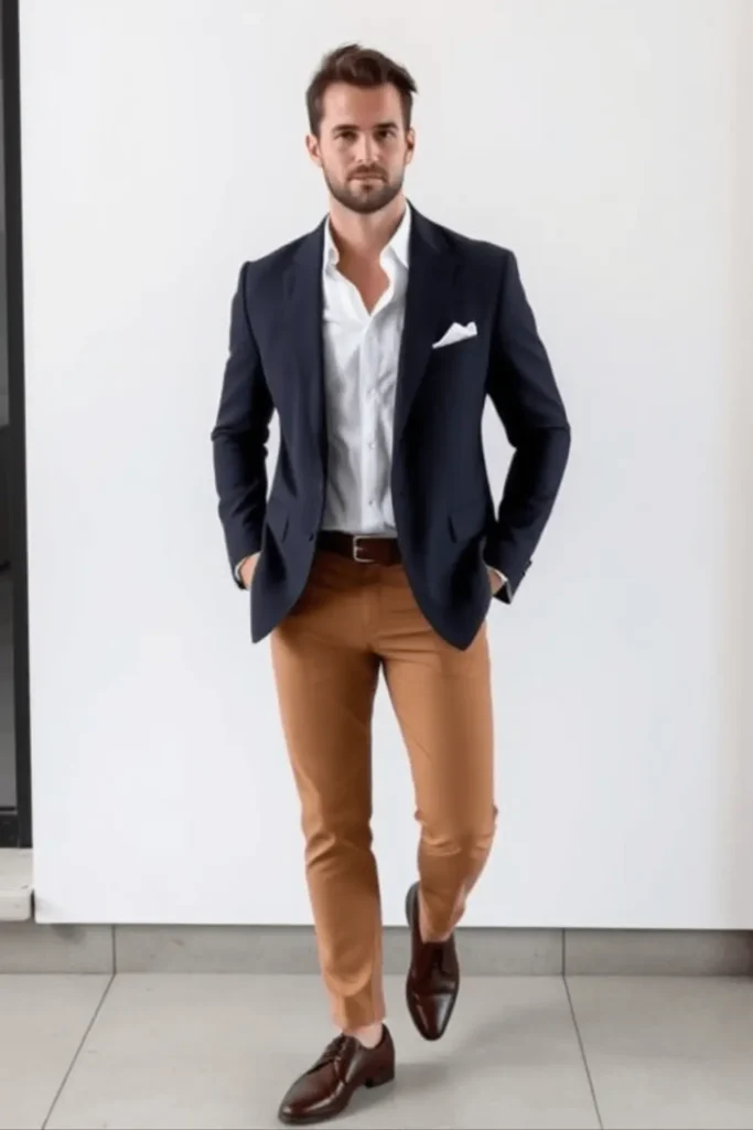  Look elegante casual para hombres 2025 con blazer y chinos modernos, tendencias de moda masculina

