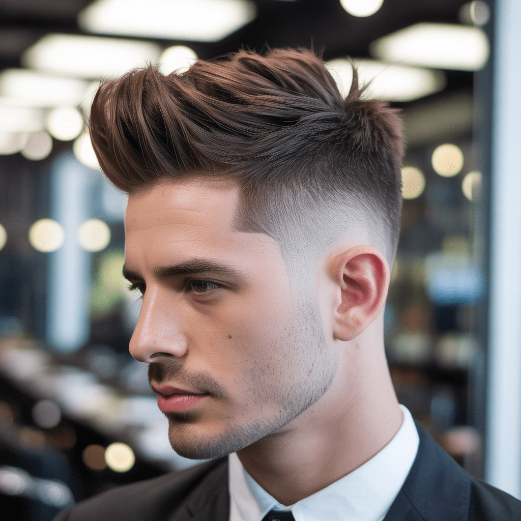 Peinado clásico con degradado bajo y volumen en la parte superior, lados cortos y degradados, que le da un aspecto pulido y moderno. Low Taper Fade Fluffy
