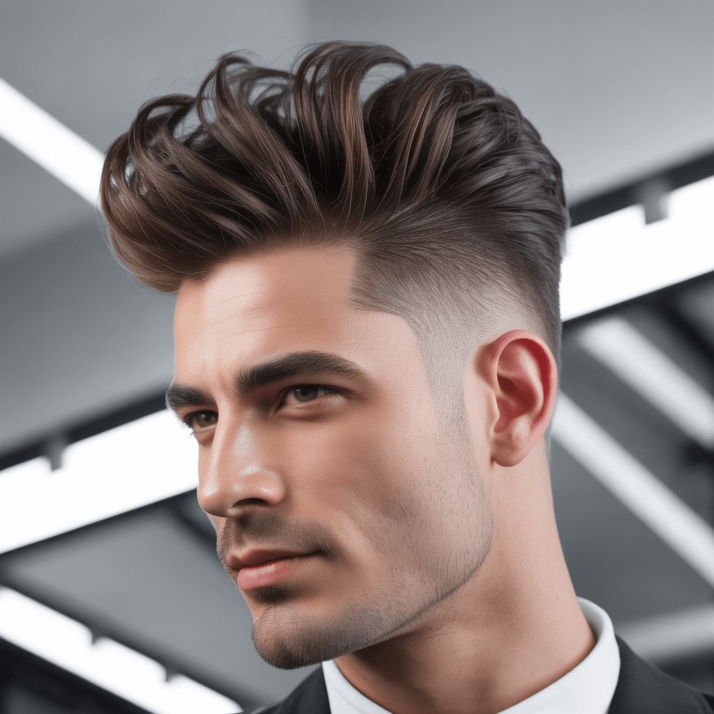Hombre con un peinado clásico con degradado bajo y mucho volumen en la parte superior, que le da un aspecto limpio y atrevido.