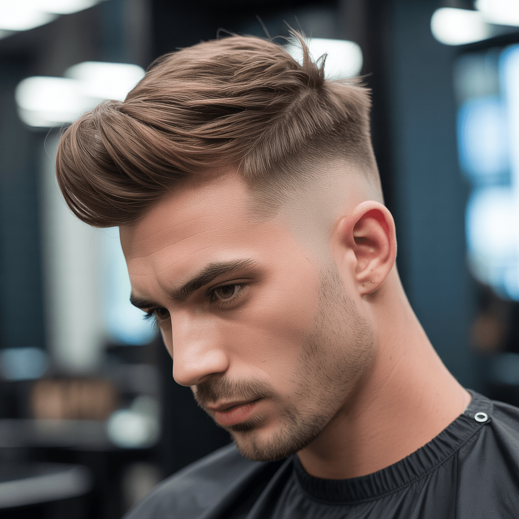 Peinado con degradado bajo y cabello voluminoso en la parte superior, peinado para crear un look elegante y a la moda.