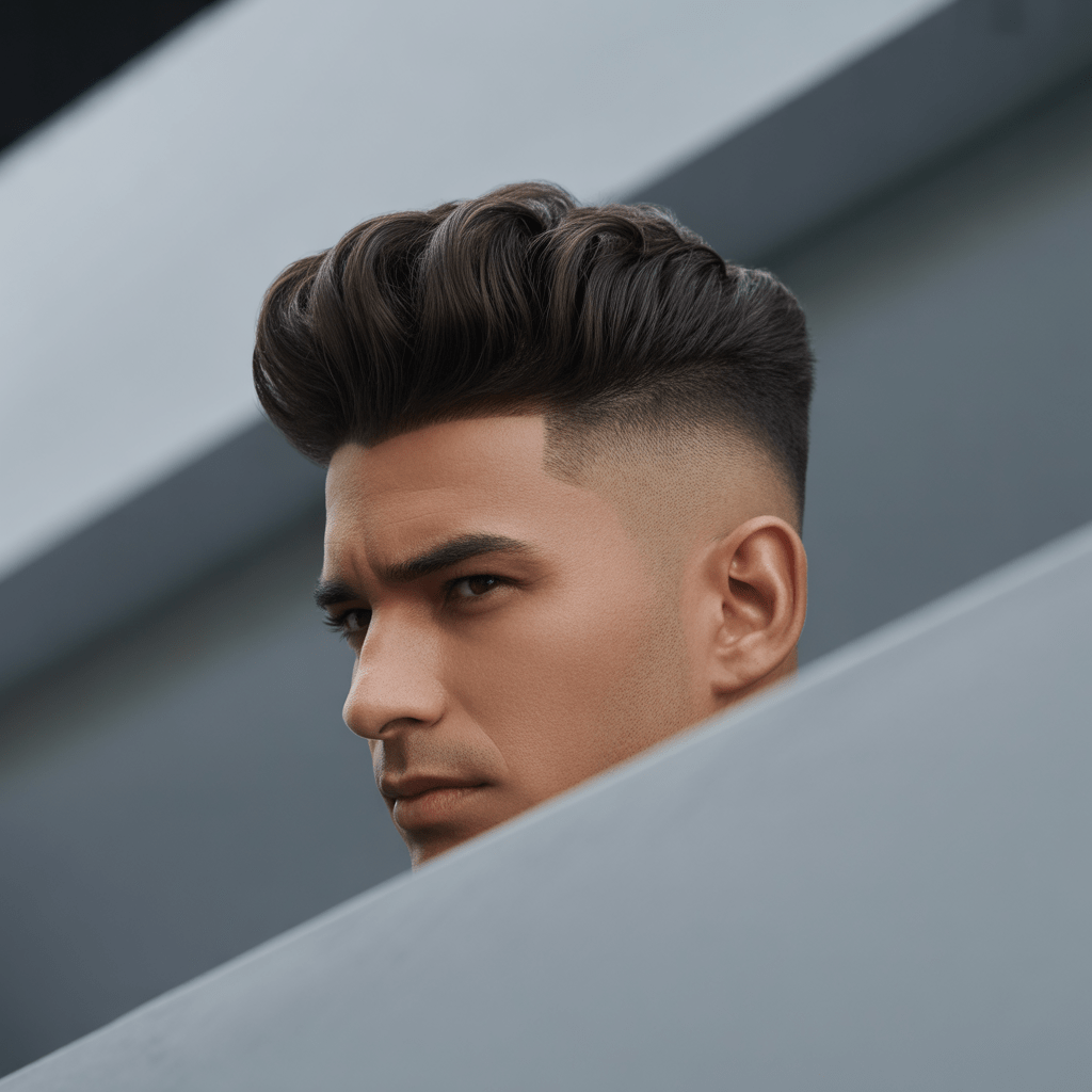Primer plano de un hombre con un peinado con degradado bajo y voluminoso en la parte superior, perfecto para un look elegante y sofisticado.