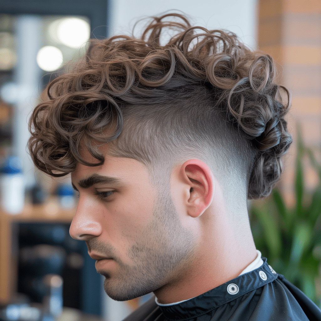 Peinado con degradado bajo y rizos voluminosos y esponjosos en la parte superior, peinado para lograr un look natural y relajado.