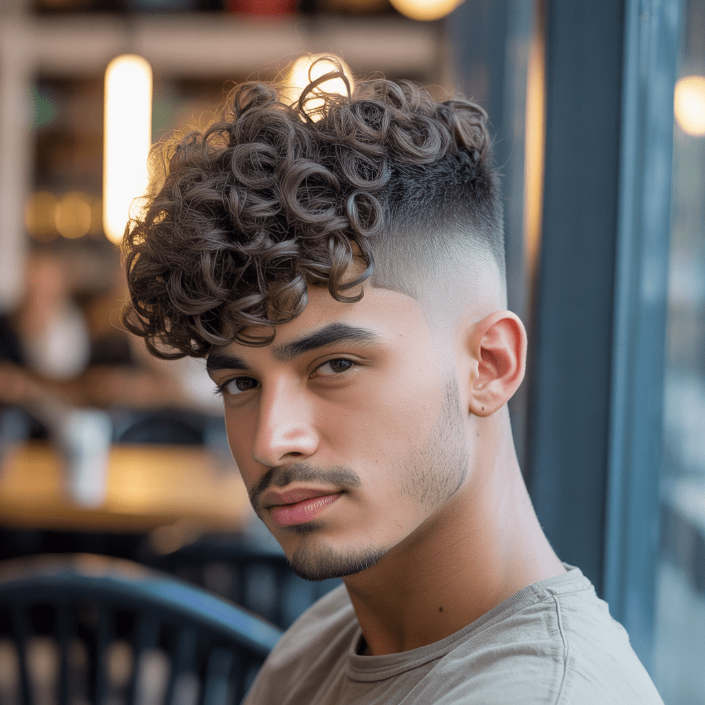 Hombre con degradado bajo y rizos esponjosos y con volumen en la parte superior, creando un ambiente juvenil y desenfadado.