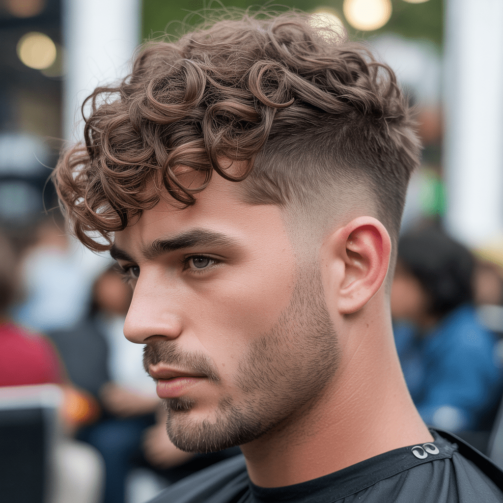 Cabello rizado y voluminoso peinado con un degradado bajo, que le da un aspecto moderno y relajado.