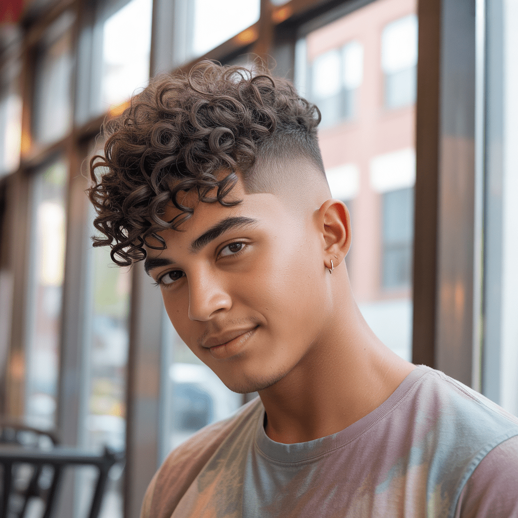 Primer plano de un hombre con un degradado bajo y rizos esponjosos y con textura en la parte superior, que desprende un estilo moderno y desenfadado. Low Taper Fade Fluffy