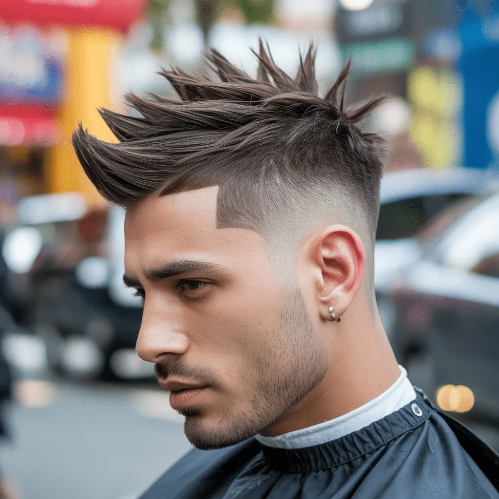 Hombre con un degradado bajo y un faux hawk con textura, que ofrece un peinado atrevido y vanguardista.