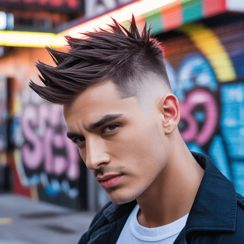Peinado faux hawk atrevido con un degradado bajo, perfecto para un look moderno y llamativo. Low Taper Fade Fluffy