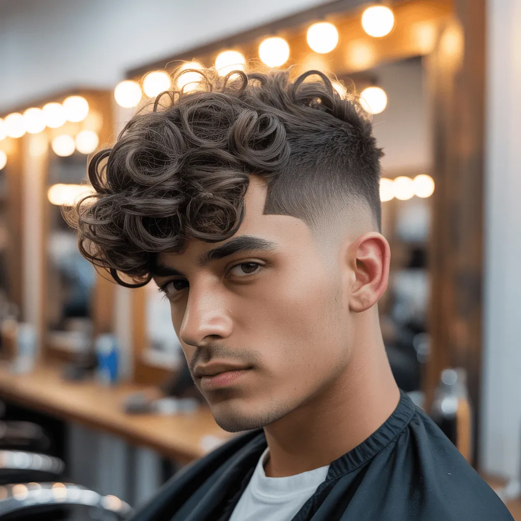 Hombre con rizos voluminosos y esponjosos peinados con un degradado bajo, que irradia confianza y estilo.