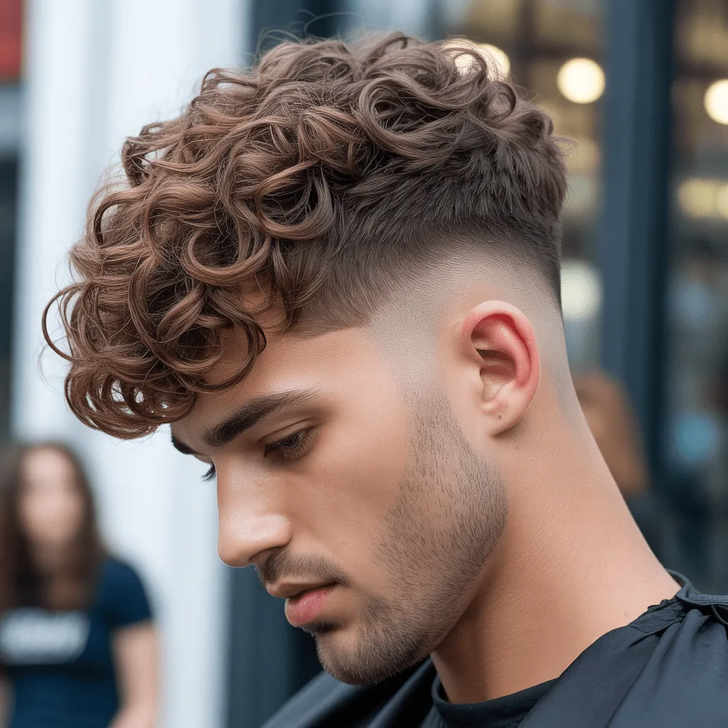 Rizos de gran volumen en la parte superior con un degradado bajo limpio, perfecto para un look atrevido y elegante.