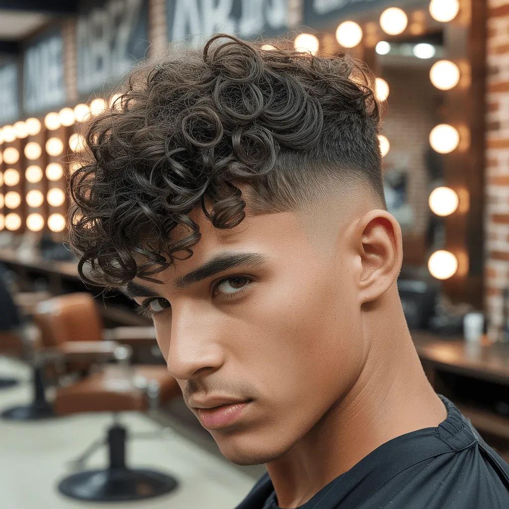 Primer plano de un hombre con un degradado bajo y rizos gruesos y esponjosos, que transmite un aire chic y juvenil.