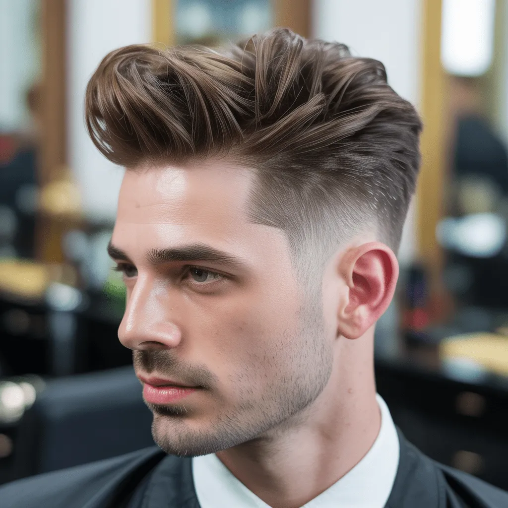 Peinado con degradado cónico bajo y cabello esponjoso peinado hacia atrás, que le da un aspecto sofisticado y elegante.