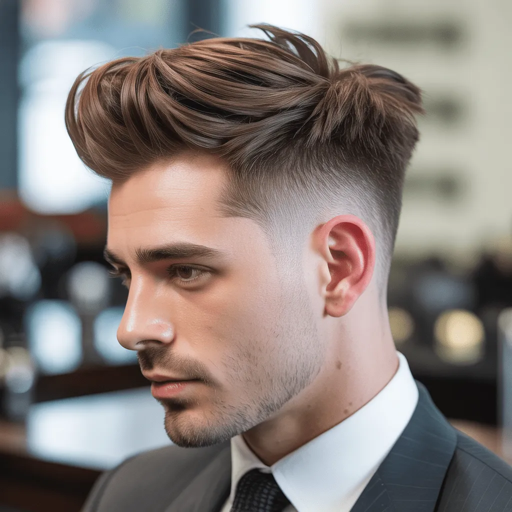 Hombre con cabello esponjoso peinado hacia atrás, combinado con un degradado cónico bajo y limpio para un look pulido y moderno. Low Taper Fade Fluffy