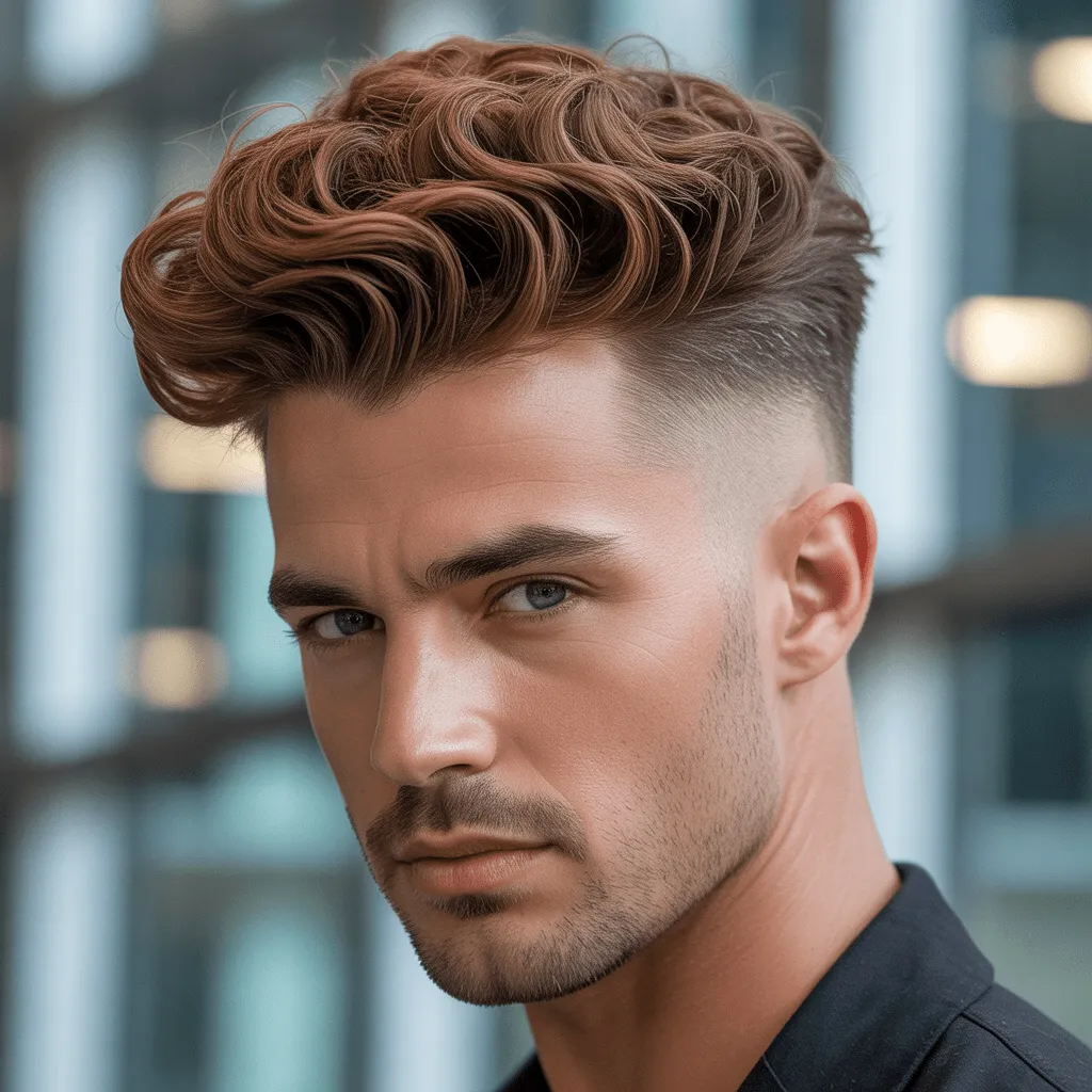 Cabello voluminoso peinado hacia atrás con un degradado bajo, que ofrece un aspecto clásico y refinado.