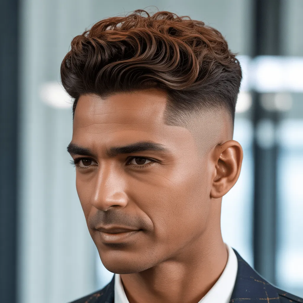 Primer plano de un hombre con un degradado bajo y cabello esponjoso peinado hacia atrás, con un aspecto elegante y pulido.