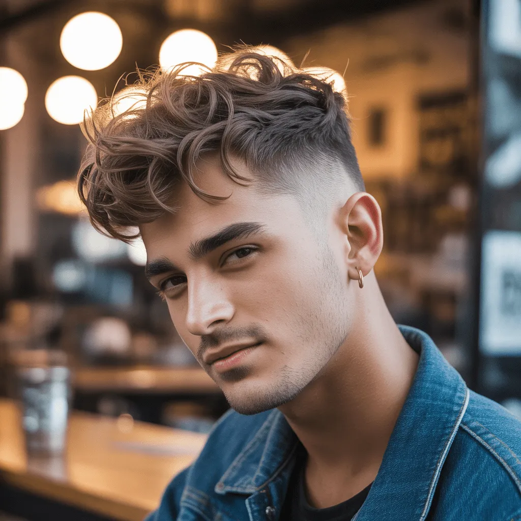 Hombre con degradado bajo y ondas desordenadas y con textura en la parte superior, creando un estilo desenfadado y moderno. Low Taper Fade Fluffy