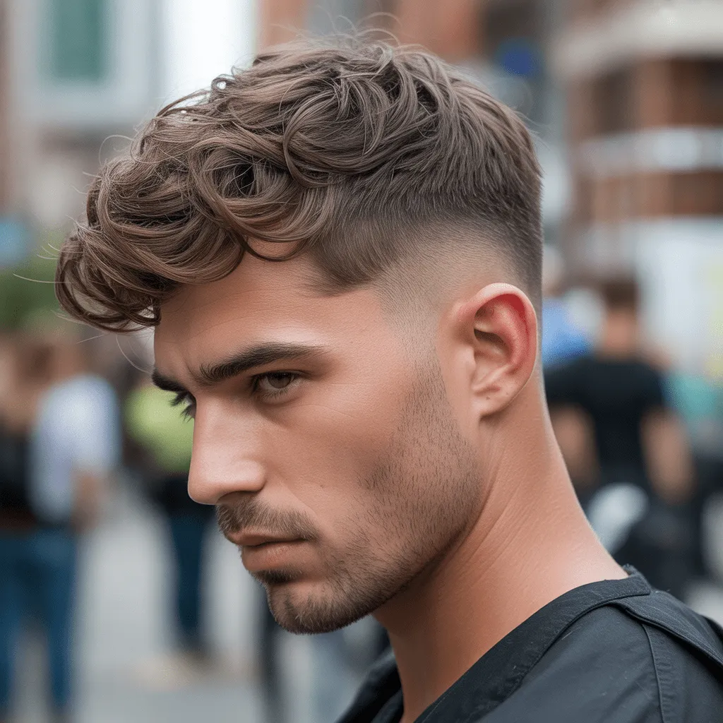 Peinado con degradado bajo y ondas desordenadas en la parte superior, que muestra un estilo relajado y moderno.