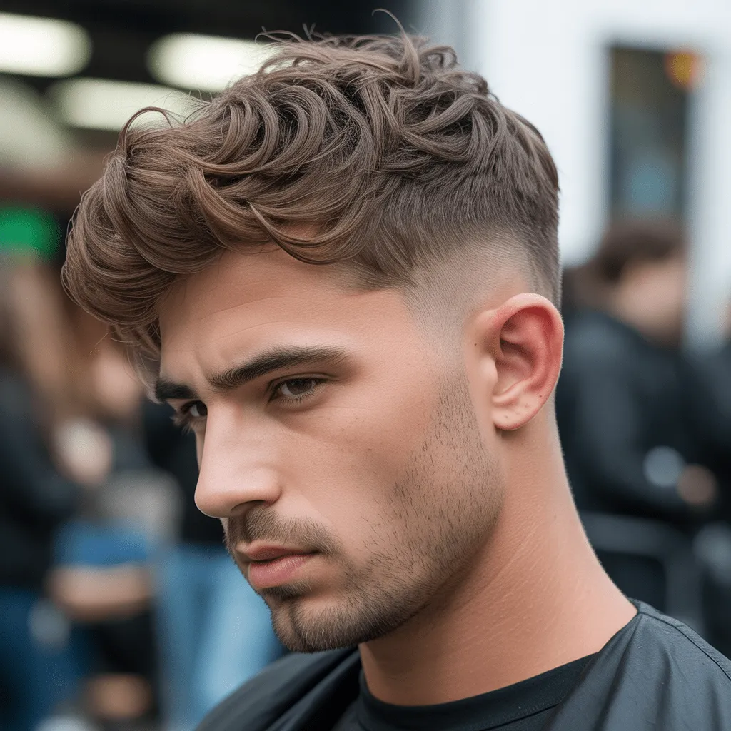Hombre elegante con degradado bajo y ondas desordenadas y voluminosas, creando un look desenfadado y moderno.