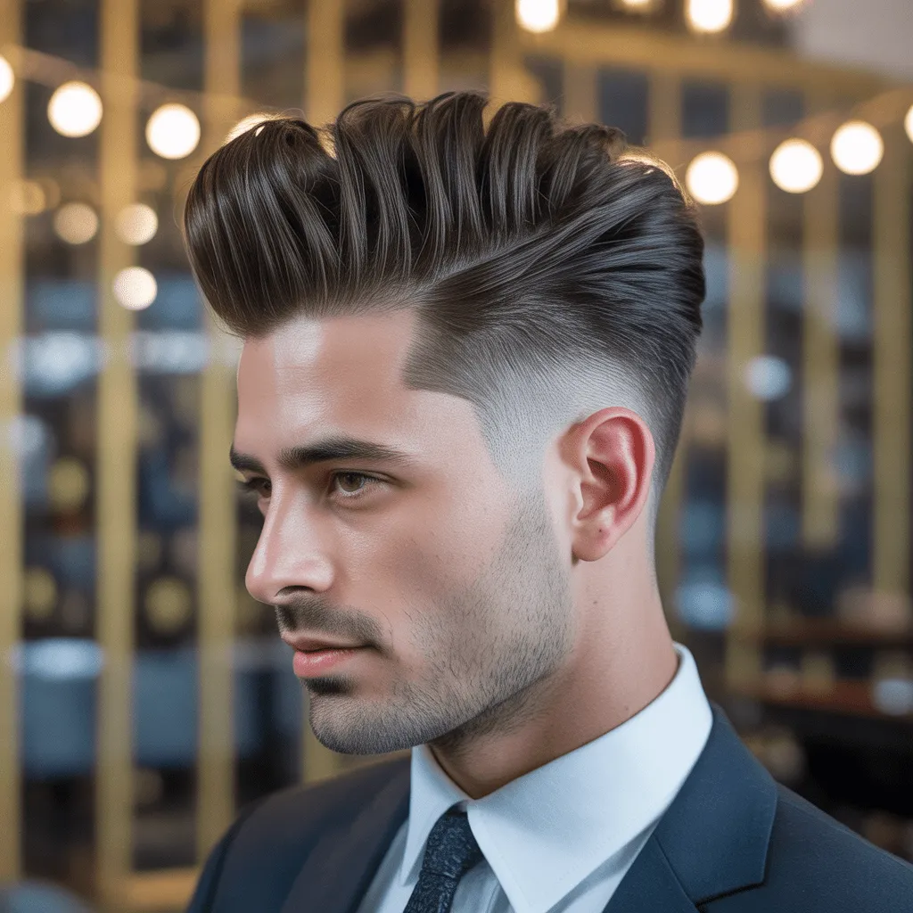 Hombre con un degradado bajo y un pompadour moderno, que ofrece una mezcla de estilo retro con un toque contemporáneo. Low Taper Fade Fluffy