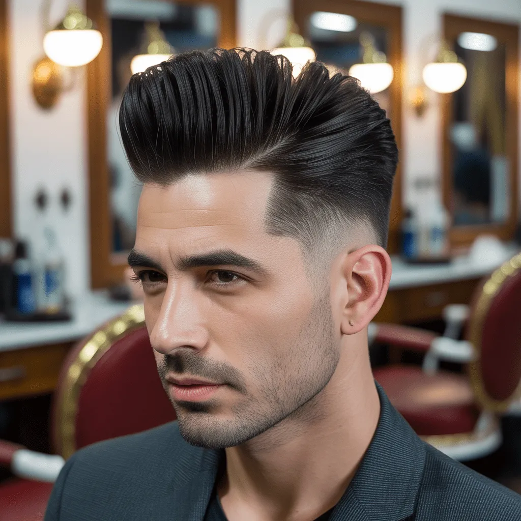 Look pulido con un degradado bajo y un pompadour de gran volumen, ideal para un peinado atrevido pero elegante.