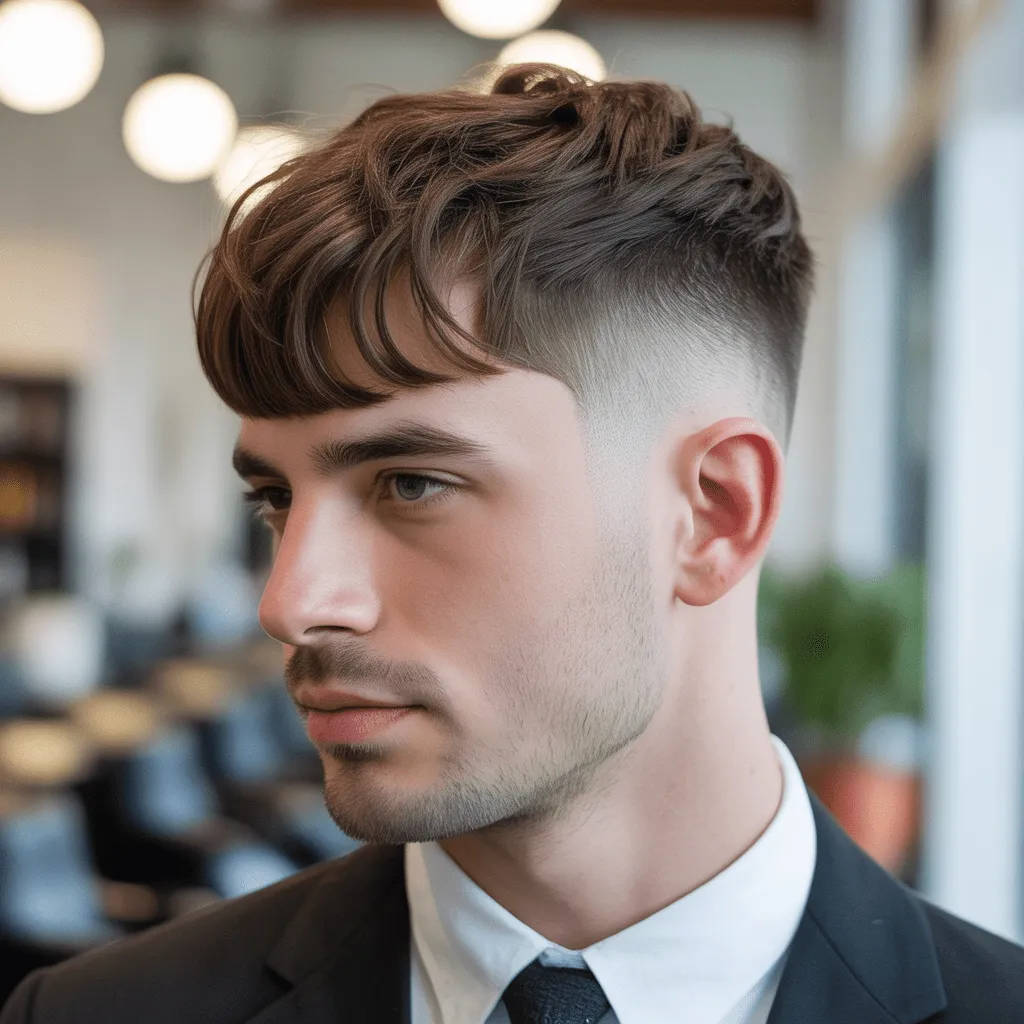 Degradado bajo con flequillo lateral suave, que da un aspecto pulido pero informal a los hombres con caras redondas o cuadradas. Low Taper Fade Fluffy