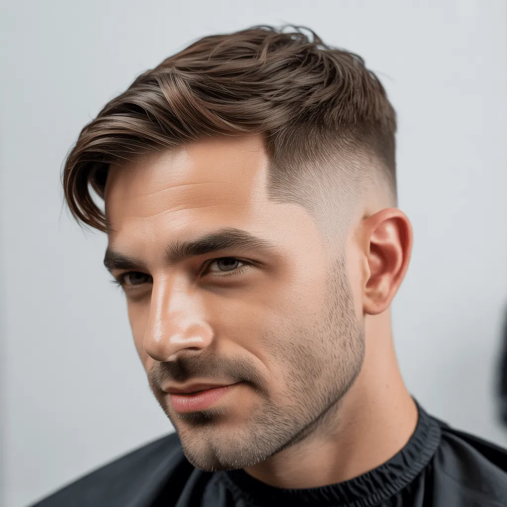 Hombre con un degradado bajo y un elegante flequillo lateral, perfecto para un aspecto suave pero pulido.