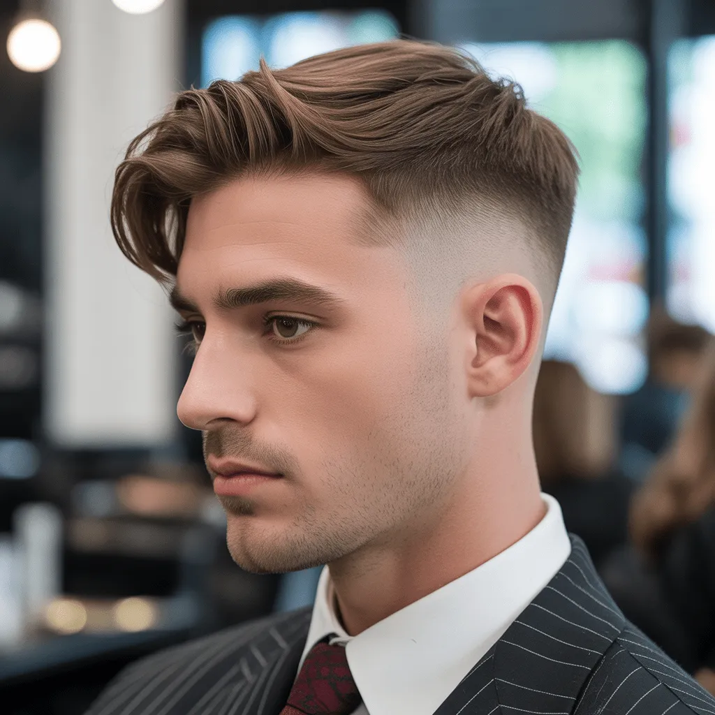 Moderno degradado bajo con flequillo lateral suave, ideal para hombres que buscan un estilo sofisticado y moderno.