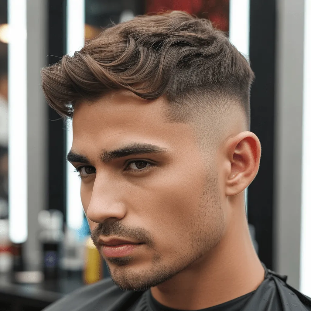 Primer plano de un hombre con un degradado bajo y flequillo lateral, que combina un aspecto pulcro y elegante con energía juvenil.