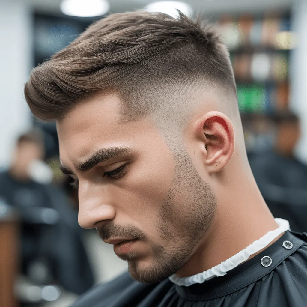 Hombre con un degradado bajo y patillas difuminadas, luciendo un look limpio y nítido con un toque moderno.