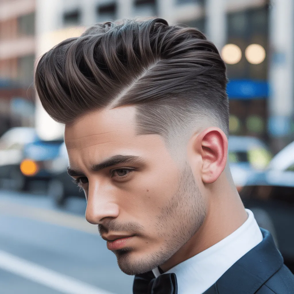 Hombre con un degradado bajo y un tupé elegante y texturizado en la parte superior, que ofrece un look retro pero moderno. Low Taper Fade Fluffy