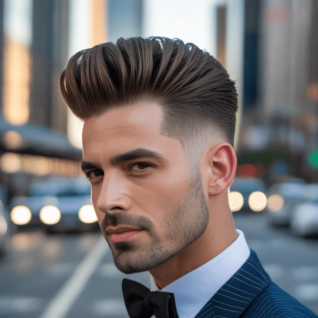 Degradado bajo con un tupé pulido, que le da un estilo sofisticado y atrevido.