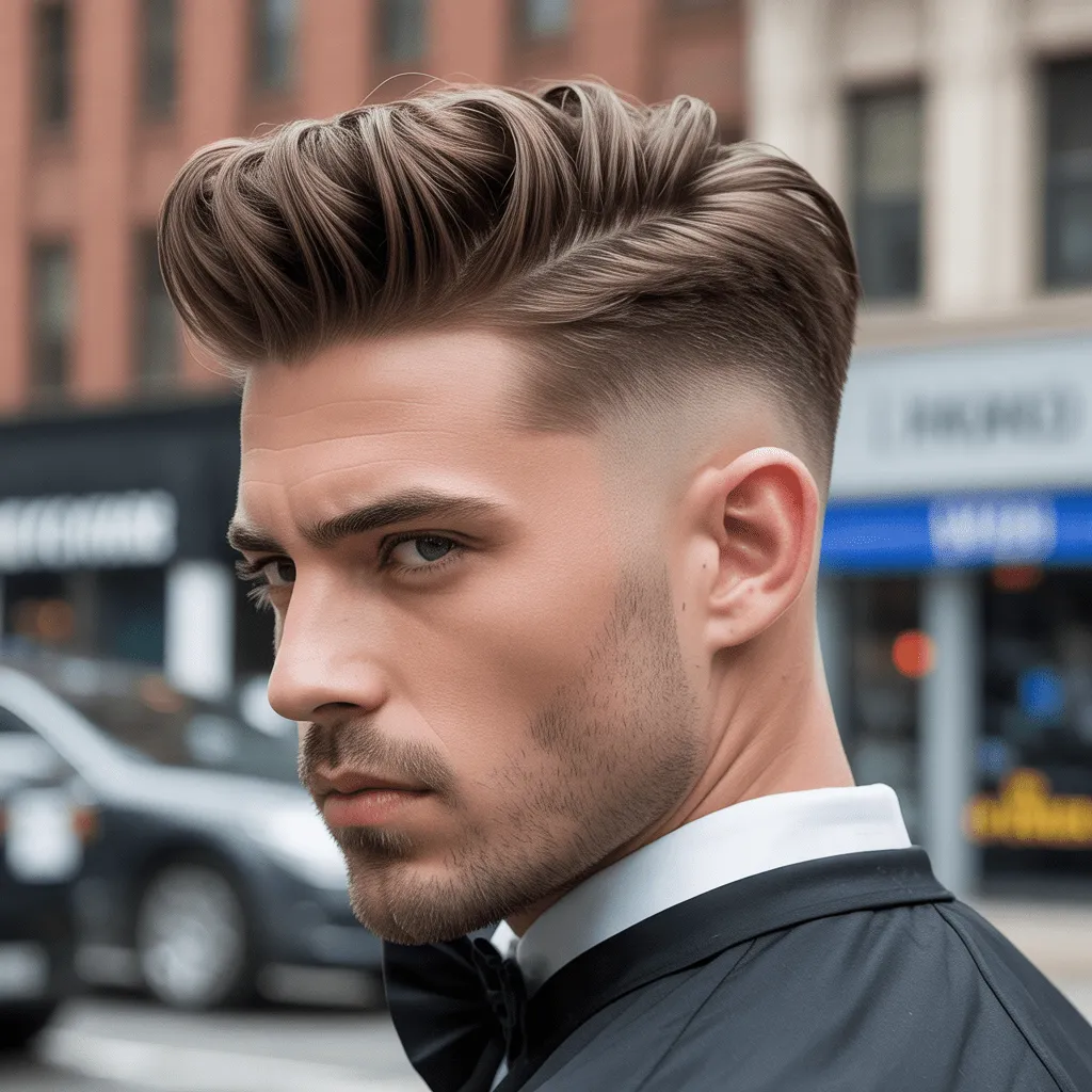 Peinado pompadour moderno con degradado bajo, creando una estética limpia y atrevida.