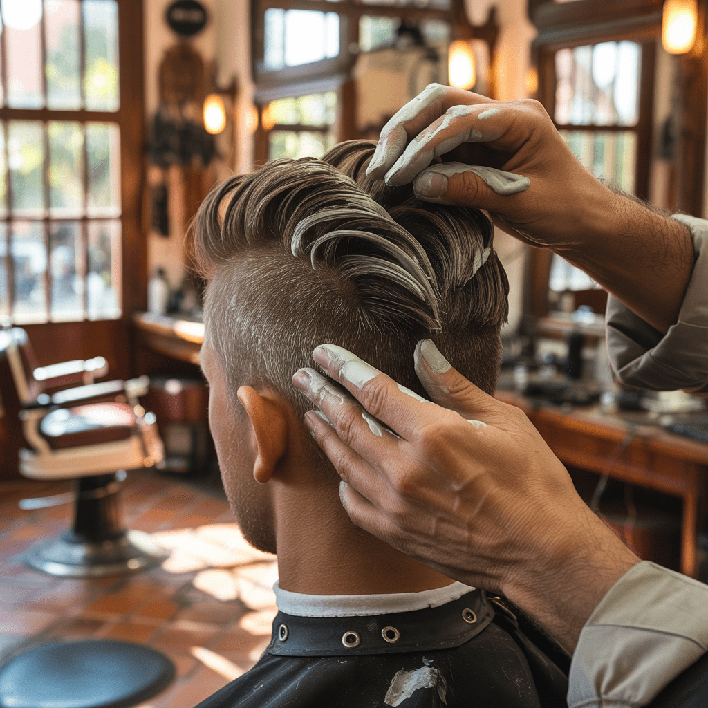 Primer plano detallado de las manos de un barbero profesional que aplica arcilla mate para definir las puntas de un corte fohawk. Escena capturada con luz natural y ambiente de estudio. corte fohawk