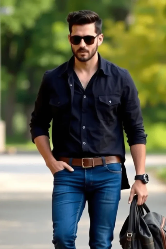 Hombre caminando con outfit casual moderno, mostrando consejos para mejorar el estilo masculino diario 2025.