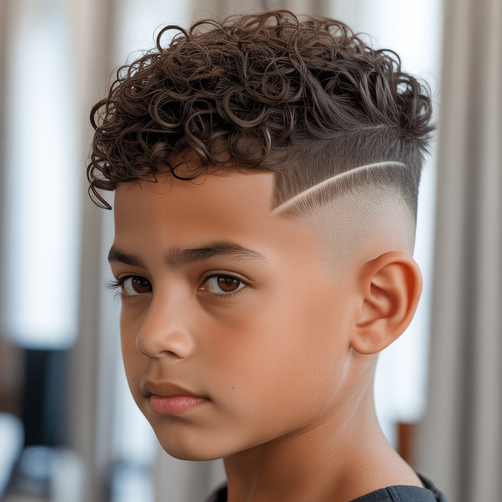 Primer plano 8K de un niño de aspecto hispano mostrando un fohawk con rizos muy definidos. El cabello rizado contrasta con un high fade nítido bajo una iluminación cálida y suave.