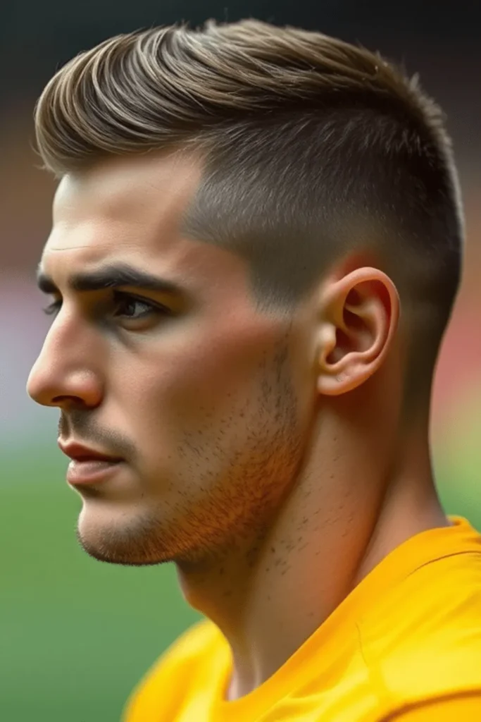 Corte de futbolista europeo 2025 con fade limpio y textura arriba