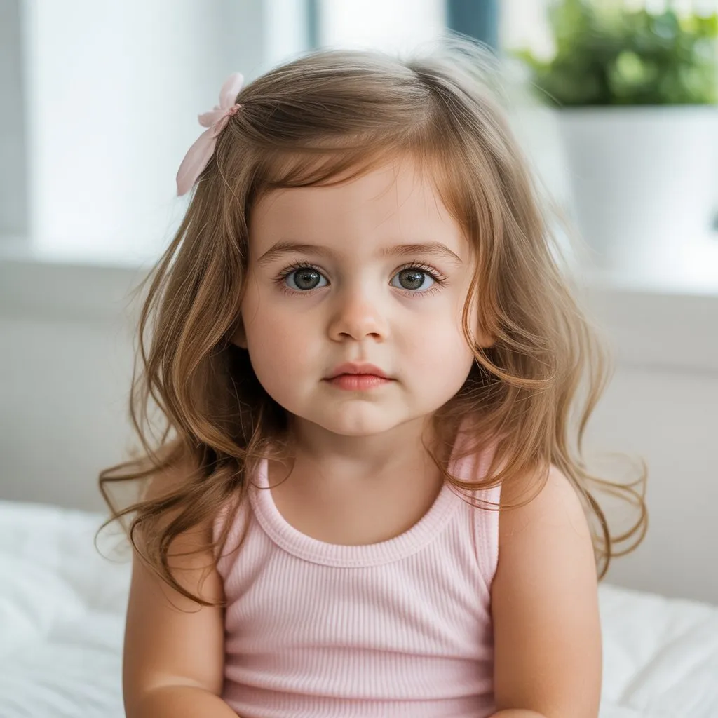 Bebé con corte de pelo de longitud media y flequillo suave