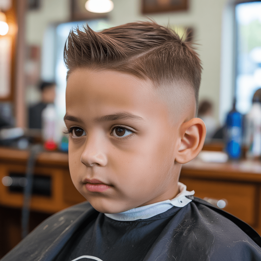 Primer plano detallado 8K de un niño mostrando un fohawk limpio y definido con un low fade perfecto. El corte moderno es ideal para niños que buscan un estilo fresco y actual.