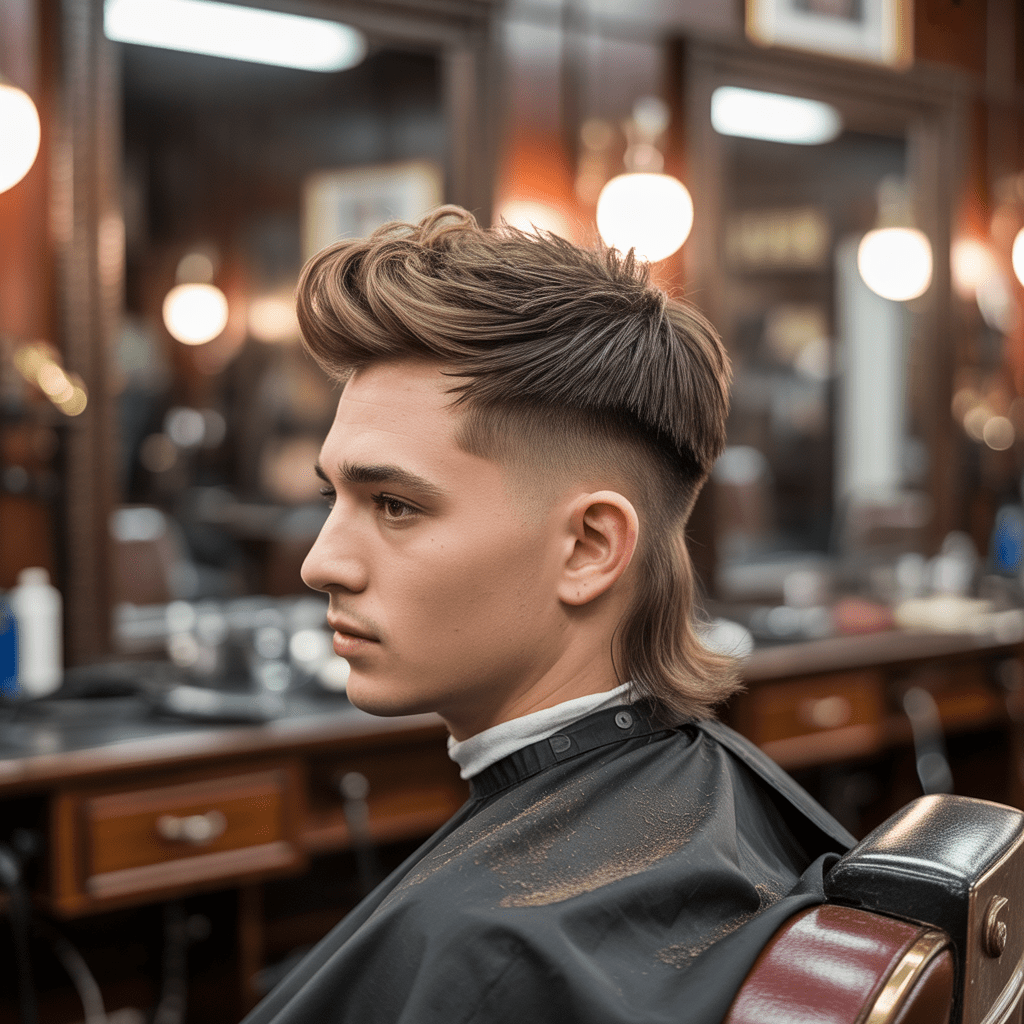 Primer plano 8K de un hombre joven mostrando un estilo mullet con textura en la coronilla y la parte trasera de longitud media. Imagen tomada en un estudio moderno de barbería.