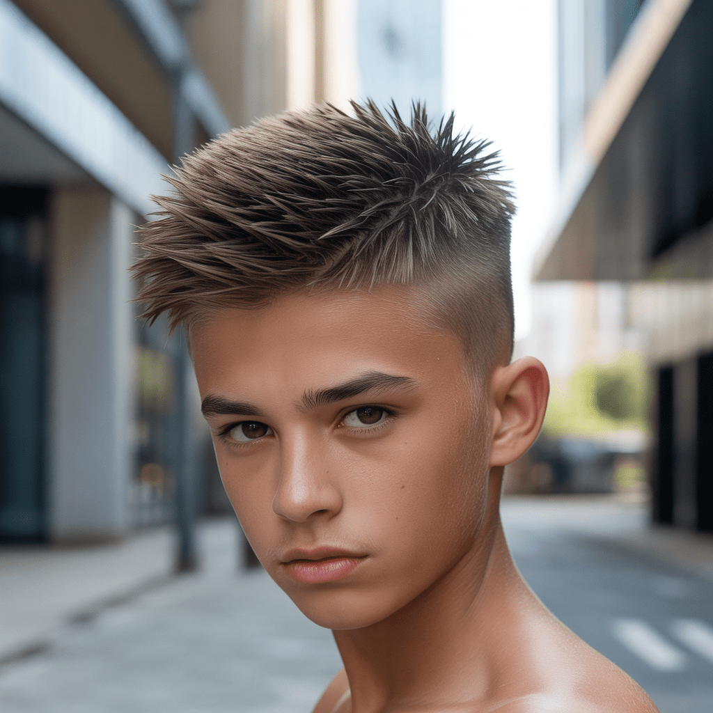 Retrato de un chico adolescente con un fohawk de puntas levantadas y gran textura. Imagen 8K generada por IA con colores naturales, destacando el estilo contra un fondo de ciudad moderno.