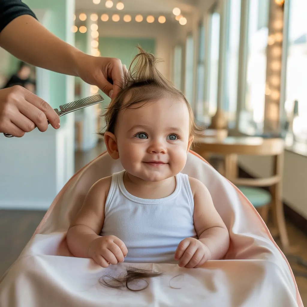 Primer corte de cabello de un bebé en un salón para niños, ambiente limpio y alegre.