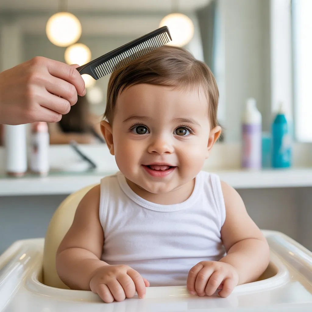 Bebé recibiendo su primer corte de pelo en una peluquería infantil luminosa