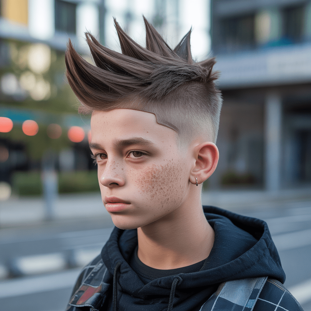 Imagen 8K ultra-realista de un joven con un fohawk moderno y texturizado. El cabello tiene un acabado mate perfecto y la fotografía utiliza colores naturales con un vibe de moda urbana.